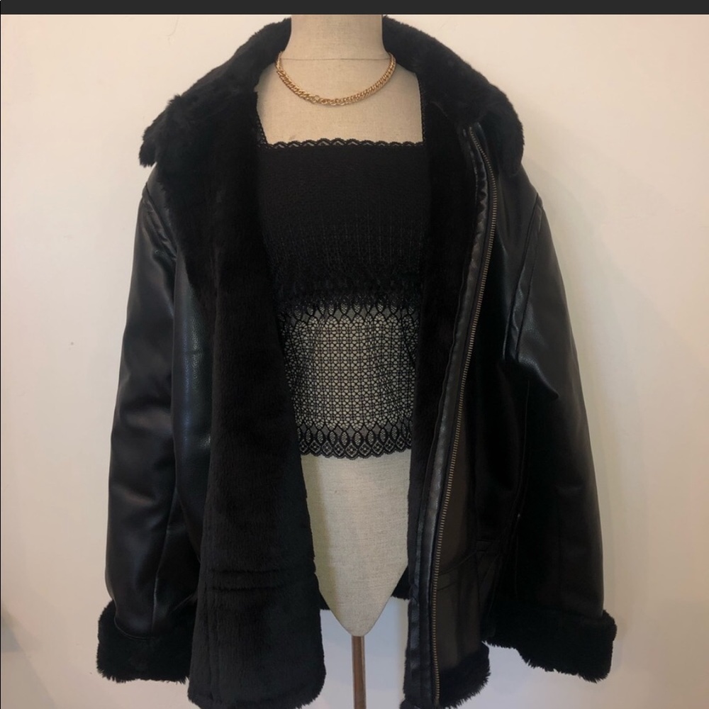 Faux leather faux fur coat